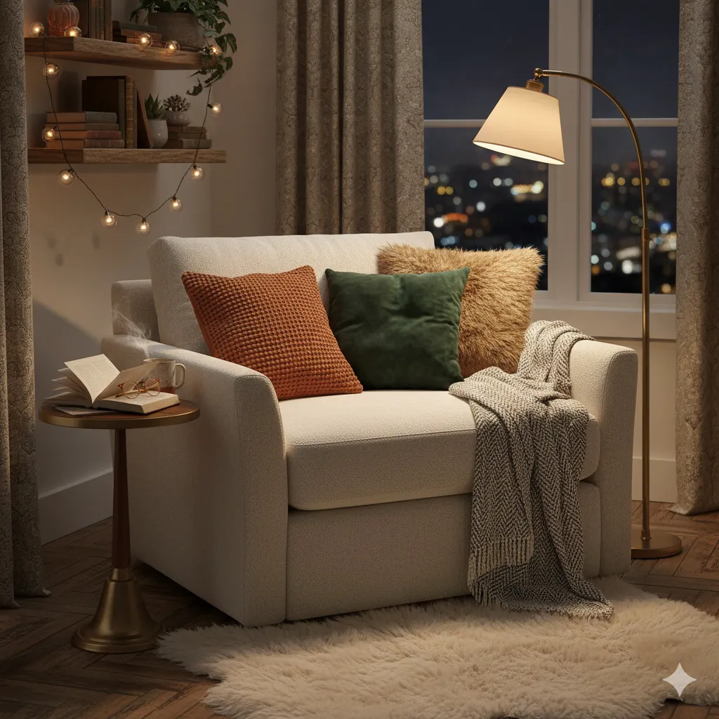 Intimate reading nook with layered textures and warm atmospheric lighting