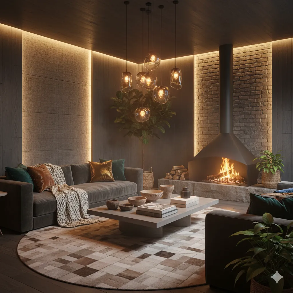 Lounge interior with layered textures and mood-enhancing design details