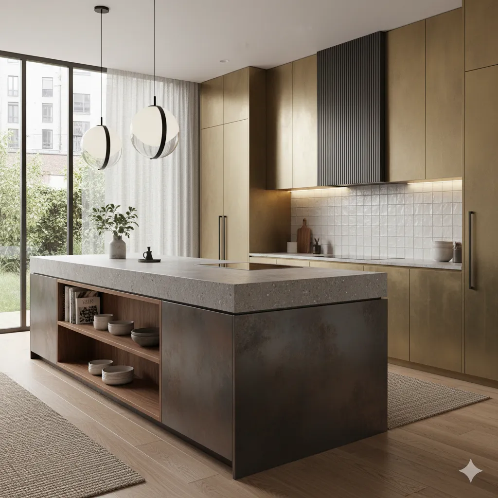 Kitchen space featuring material layering and dimensional composition